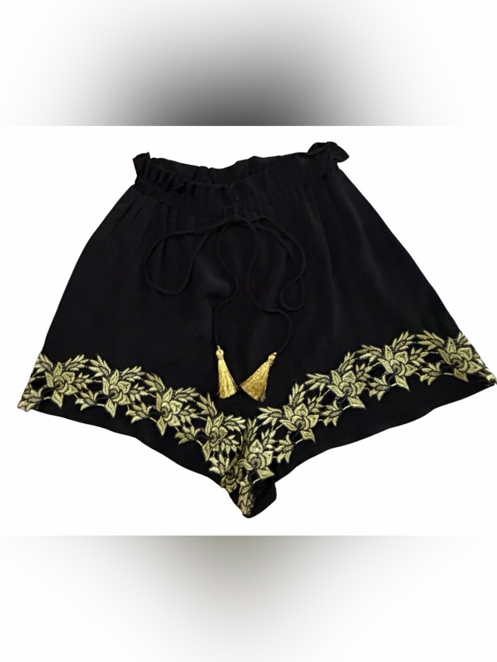 BSB Collection Shorts Size 42 Black Gold Embroidered Tassel Paperbag Viscose